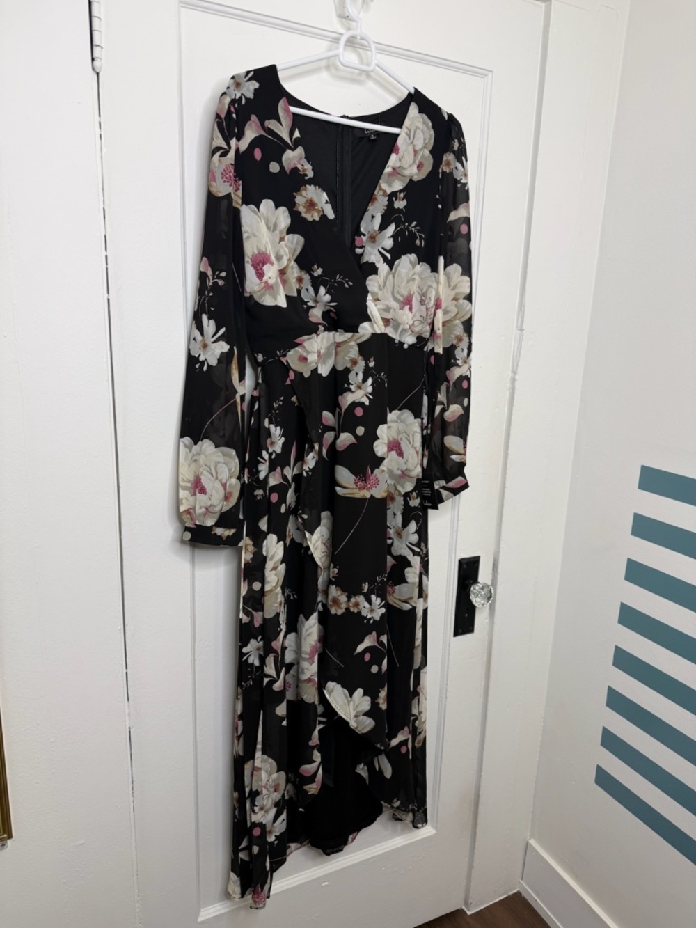 Lulu’s Blissful Thinking Black Floral Print High-Low Wrap Dress - Picture 7 of 9